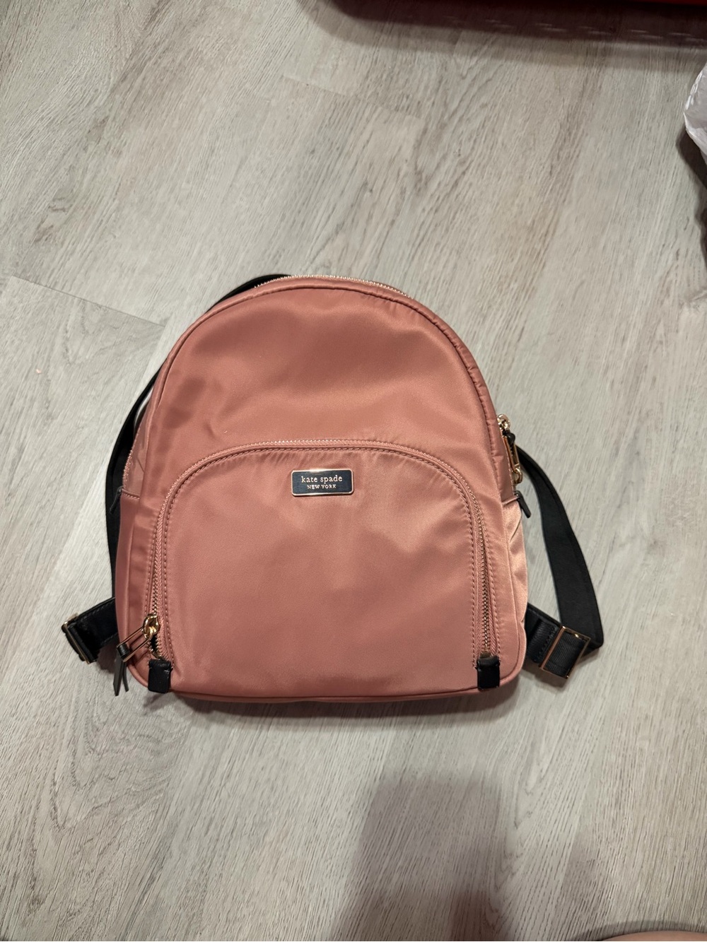 kate spade Coral Pink Nylon Mini Backpack with Black Straps and Gold Hardware